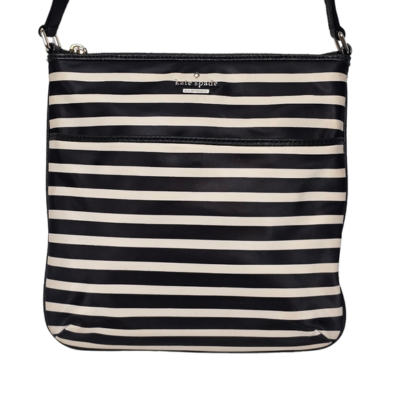 Kate Spade Black White Striped Nylon Leather Trim Crossbody Purse - Picture 2 of 16